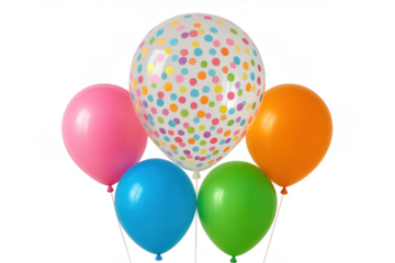 Group of colorful party balloons floating, creating a festive atmosphere for celebration and special events on transparent background