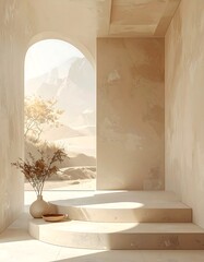A sun-drenched, arched doorway leads to a serene, desert landscape. Soft, neutral tones and minimalist composition