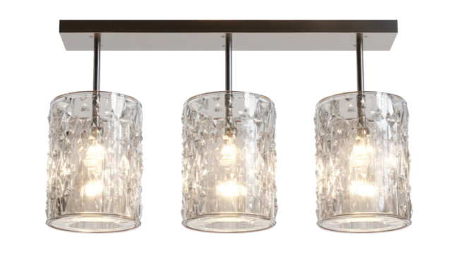 Modern three light pendant chandelier with textured glass shades isolated on transparent background