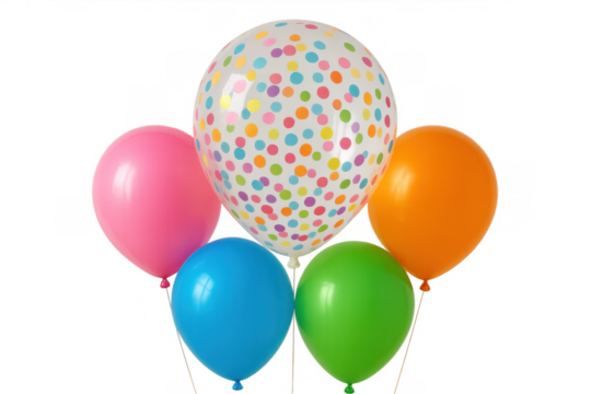 Group of colorful party balloons floating, creating a festive atmosphere for celebration and special events on transparent background