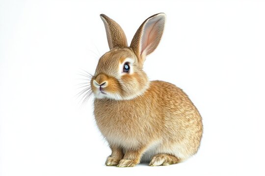fluffy brown rabbit sitting on a white background with upright ears and whiskers, looking alert and curious - Powered by Adobe