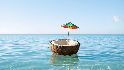  Half Coconut Shell with Cocktail Umbrella Floating on Clear Tropical Ocean Water