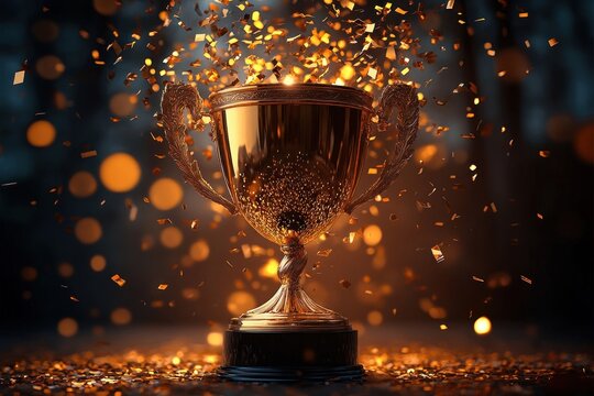 Ornate golden trophy cup on a black base surrounded by falling gold confetti and warm bokeh lights, conveying triumphant celebratory excitement
