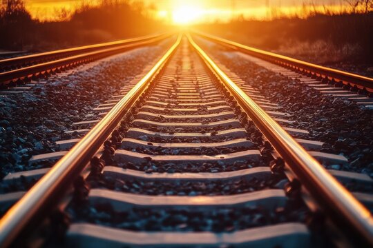 Sunlit railway tracks stretching toward a glowing sunset, reflective metal rails on gravel sleepers flanked by silhouetted vegetation, evoking warmth, solitude and a sense of journey