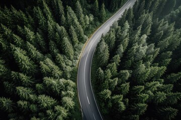 Aerial view of a winding asphalt road cutting through a dense evergreen forest, evoking serene solitude and a peaceful journey