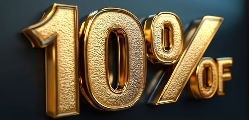 large three-dimensional gold textured numerals reading ten percent of on a dark background conveying luxury and exclusivity