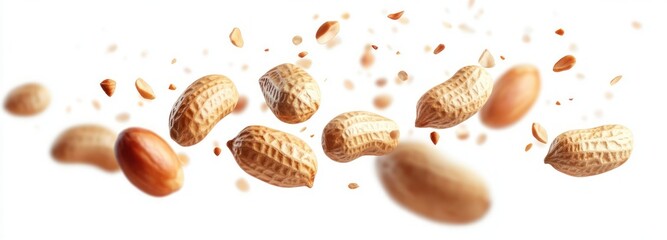 Mid-air peanuts in shells and loose kernels with scattered shell fragments on white background, energetic and playful motion