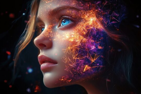 moody portrait of illuminated flowing hair with glowing embers and blue highlights against a dark cosmic background, mysterious and ethereal atmosphere