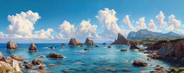 Turquoise coastal seascape with scattered rocky sea stacks, sunlit cliffs and distant mountains under a bright blue sky with fluffy clouds, conveying serene calm and wonder