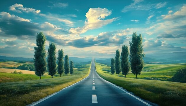 Long straight road flanked by tall poplar trees through green rolling hills under a dramatic cloud-filled sky, evoking a peaceful hopeful journey and serene open landscape - Powered by Adobe