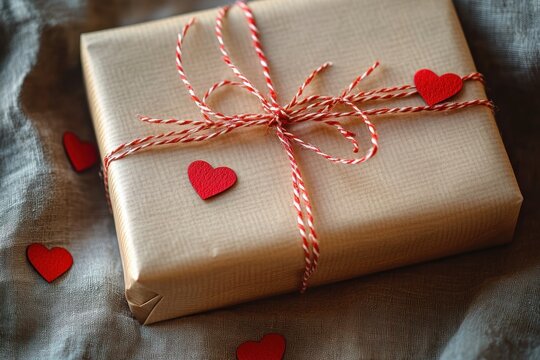 kraft paper wrapped gift tied with red and white twine bow on textured gray fabric with scattered small red heart cutouts, warm romantic and cozy feeling - Powered by Adobe