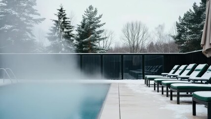 Panoramic view of a steaming hot outdoor pool at a luxury spa resort in winter. Snow covers the empty deck chairs and surrounding pine forest for a serene wellness getaway