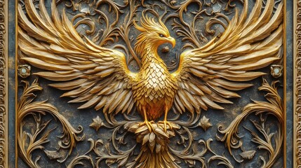 majestic gilded bird relief with outstretched wings on ornate floral carved panel, framed decorative metalwork conveying triumph and regality