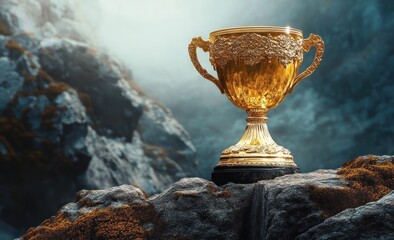 ornate golden trophy cup on a rugged mossy rock pedestal in misty mountain cliffs, dramatic lighting conveying triumphant majestic solitude