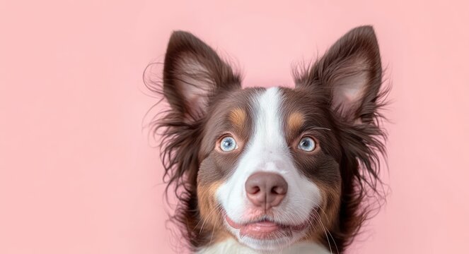 fluffy triangular dog ears peeking above a soft pink background conveying a playful curious mood