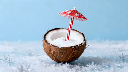  Tropical Coconut Drink in Snow with Cocktail Umbrella Symbolizing Winter Holiday Escape 