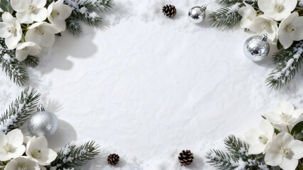  Elegant Winter Holiday Frame with Snow, White Flowers, and Silver Ornaments for Copy Space