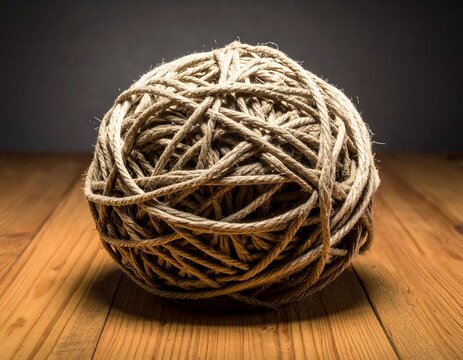 A tangled tan rope ball sits on light brown textured wooden surface, in shadows