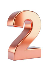 Shiny metallic rose gold number two 3D render isolated for design and counting isolated PNG with Transparent Background