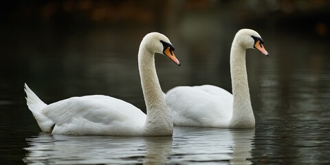 Elegant swans swimming gracefully together in serene waters, showcasing beauty and tranquility in a romantic setting ideal for nature lovers and wildlife enthusiasts
