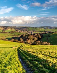 A winding path meanders through green fields towards a distant village under a partly cloudy blue sky