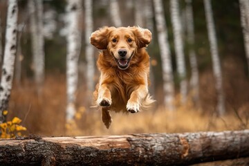 Golden retriever midair leaping over a fallen log in a birch forest, joyful and energetic autumn woodland moment