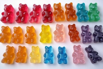Neat rows of glossy colorful gummy bear candies in assorted bright colors on a white background conveying a playful cheerful whimsical mood