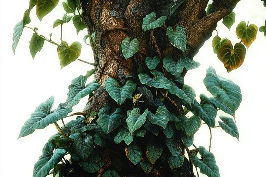close-up of a textured tree trunk wrapped in a climbing vine with heart-shaped green leaves, lush and tranquil scene of natural growth and quiet renewal - Powered by Adobe