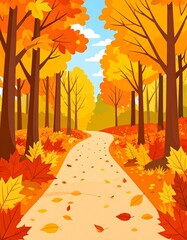 A winding path through a vibrant autumn forest, leaves scattered, trees ablaze with oranges, yellows, and browns