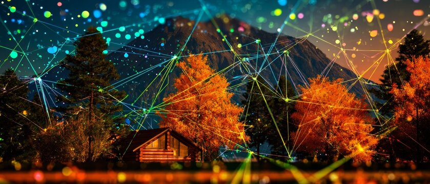 Serenity in solitude: embrace remote work amidst majestic mountain landscapes. Virtual connectivity. Escaping to a cozy cabin: finding peace surrounded by nature's autumn palette.