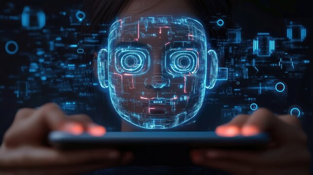 Person holding tablet displaying floating blue holographic interface with circular headset visuals, hands on touchscreen, immersive focused futuristic mood - Powered by Adobe