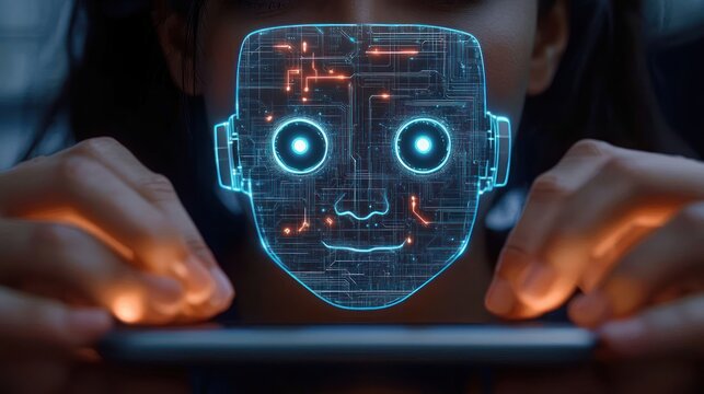 person holding smartphone with a glowing holographic smiling robot face and visible circuit patterns, hands lit by warm light, conveying curiosity and wonder