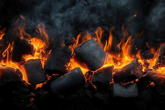 Close-up of glowing charcoal briquettes with orange flames, glowing embers and smoke conveying intense heat and dramatic fiery energy