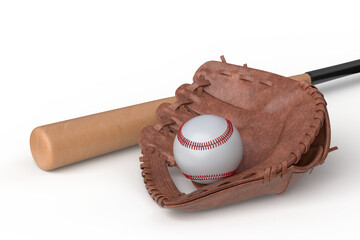 3D Baseball wooden bat and leather glove and ball with line of red lace stitches mockup, isolated. Perfect for sports promotions, athletic branding, team posters, training materials, baseball-themed