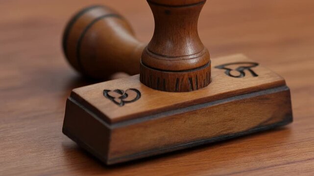 Two traditional wooden hand stamps with carved symbols resting on a polished wooden table.
