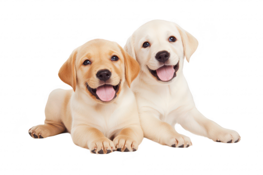 Two playful Labrador puppies lying side by side on a clean white background. their happy expressions and shiny coats. perfect for pet-related content or advertising