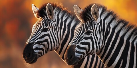 Obraz premium Two Zebras with Striking Black and White Stripes Against a Colorful Background in Nature, Showcasing Animal Behavior and Wildlife Beauty