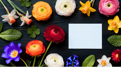  Top View Spring Flower Arrangement with Blank Card for Copy Space on Dark Wood Background