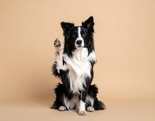 A black and white canine sits with one paw raised, posing against a solid beige backdrop, conveying attentiveness and friendliness
