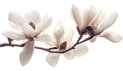 Elegant magnolia blossoms isolated on transparent background, showcasing delicate petals and intricate stamen details, evoking a sense of purity and natural beauty in a minimalist composition