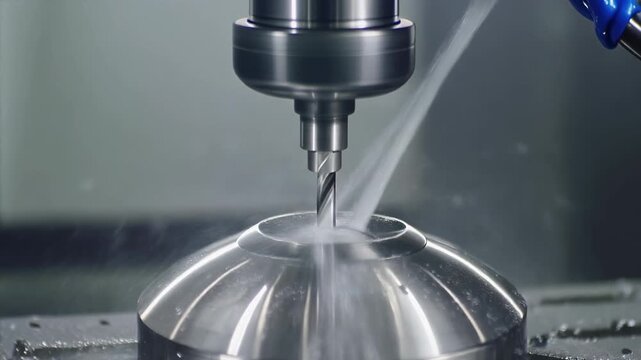 Close-up of a CNC milling machine precisely drilling into a metal workpiece with coolant spray.