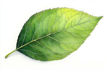 detailed single green leaf with visible vein network, serrated edge and central midrib, soft yellow-green gradient evoking freshness and calm