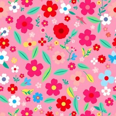 Fototapeta premium Vibrant pink floral pattern with assorted colorful flowers and green leaves
