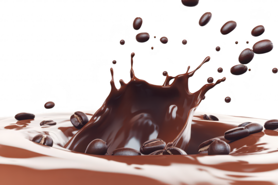 A dynamic splash of rich chocolate with coffee beans erupting from the surface. captured against a clean white background. ideal for culinary or beverage-related visuals