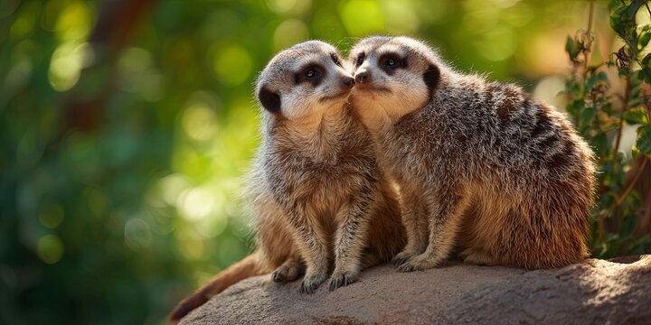 Two cute meerkats share a tender moment as they embrace each other on a warm rock under a lush green backdrop in a peaceful zoo environment - Powered by Adobe