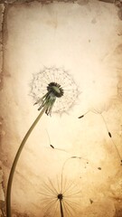 A sunlit dandelion seed head and stalk, on aged, textured paper with a brownish tint and scattered seeds