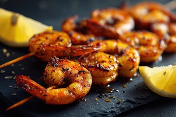 Sizzling Char-Grilled Shrimp Skewers on a Dark Slate with Zesty Lemon Wedges.