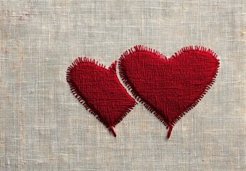 Two hand-stitched red fabric hearts on coarse linen background conveying warmth and homemade affection