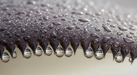 Magnified view of water droplets clinging to a textured surface reflection of the water
