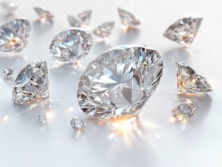 multiple sparkling cut diamonds of varying sizes scattered on a smooth white surface, casting bright prism reflections and soft shadows, evoking elegance and luxury